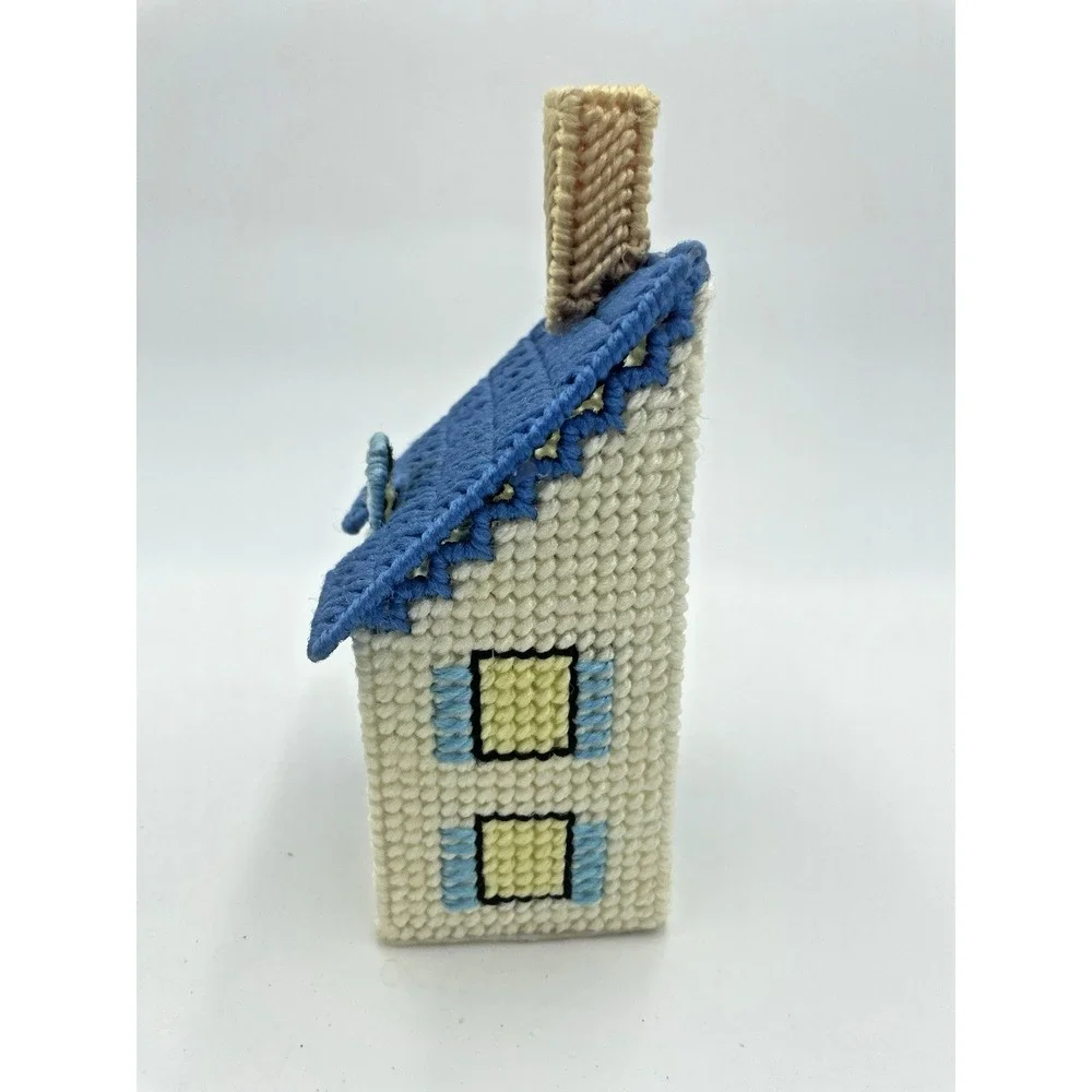 Vtg 70s Yarn Needlepoint Completed Car Dealership‎ &Cottage House Plastic Canvas